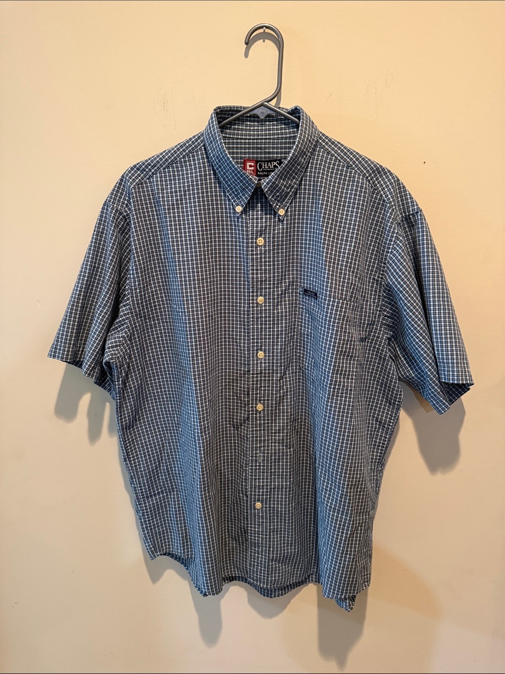 Chaps Blue and White Plaid Short-Sleeve Button-Down Shirt